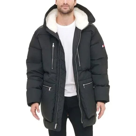 Tommy Hilfiger Hooded Heavyweight Parka Jacket Coat Mens Black Sherpa Hood Small - Picture 1 of 7